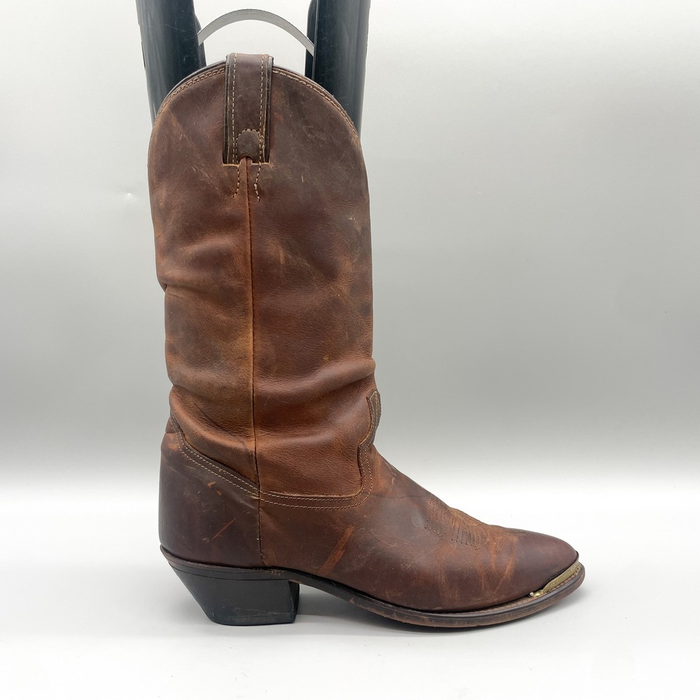 Laredo Womens 6 M Brown Leather Western Cowboy Boots Pointed Toe Metal Tip VTG